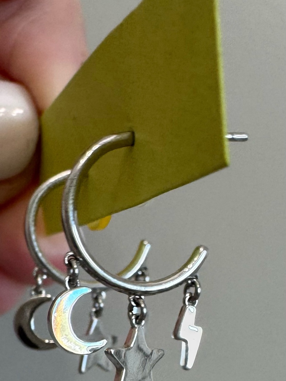 Silver Hoop Earrings with Moon, Star & Lightning Charms - Yellow Accent